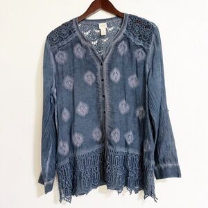 Chicos Embroidered Crochet Trim Lightweight Woven Roll Tab Sleeve Top